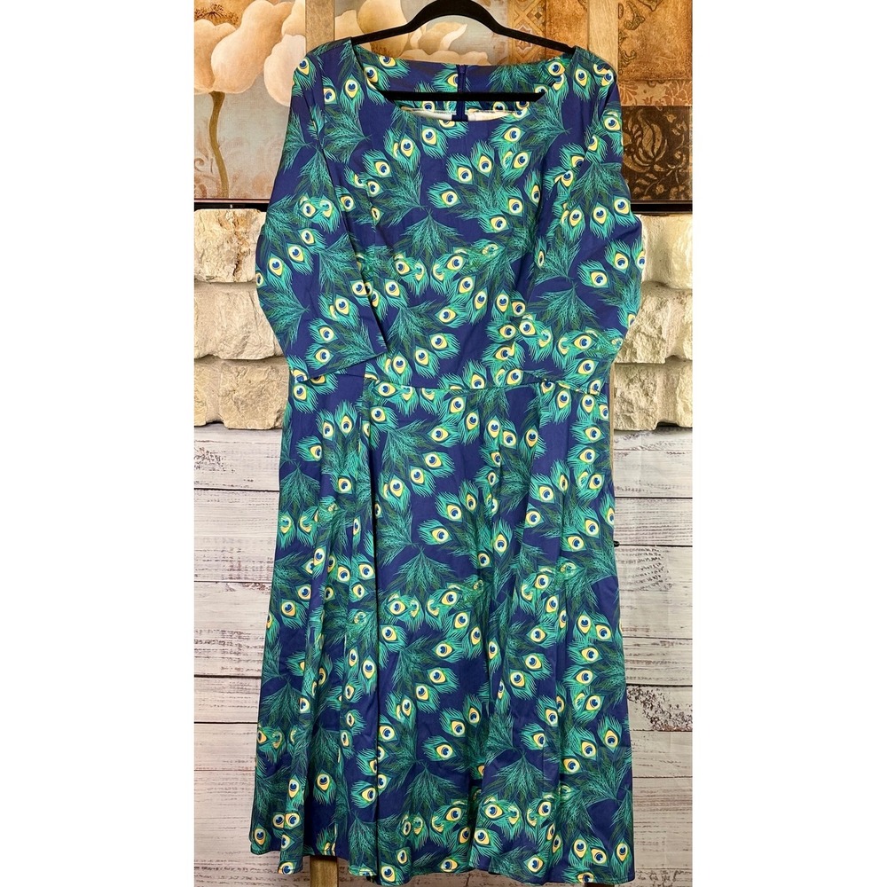 TopVintage Boutique Peacock Feather Print Swing Dress Green Blue 3XL Pockets - Picture 11 of 14